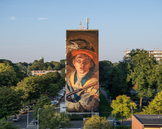 streetart van een oud schilderij, de fluitspeler